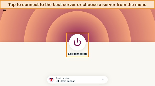 Screenshot of ExpressVPN's iPad app ready to connect to the nearest and fastest server available.