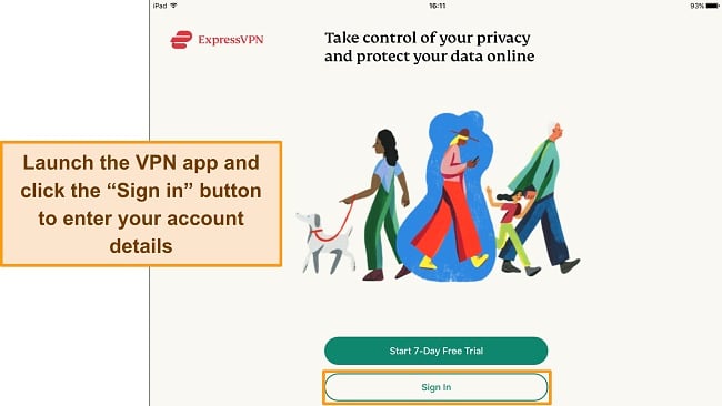 Screenshot of ExpressVPN iPad app highlighting the 