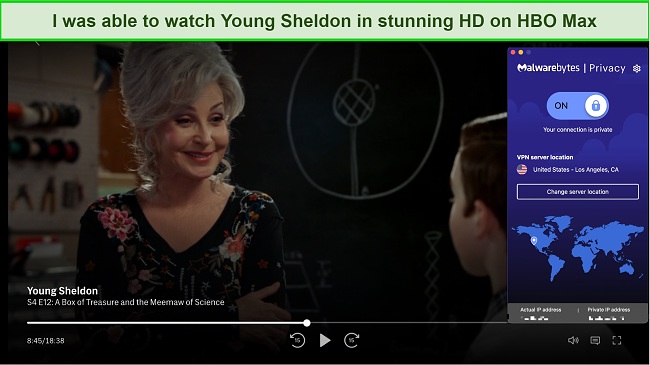 Screenshot of Young Sheldon playing on Netflix with Malwarebytes Privacy connected to a US server