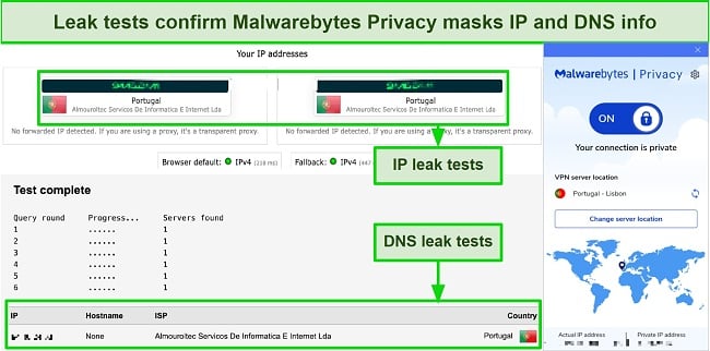Screenshot of my IP/DNS leak test result with Malwarebytes Privacy VPN connected