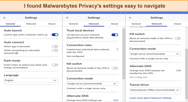 Screenshot of the settings interface of Malwarebytes Privacy