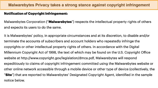 Screenshot of Malwarebytes Privacy copyright infringement statement