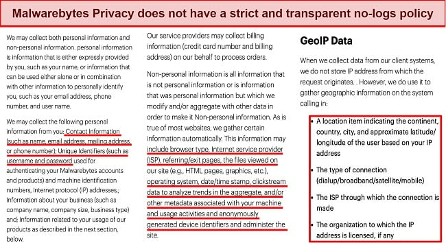 Screenshot of an excerpt from Malwarebytes' privacy statement