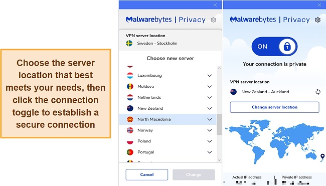 Screenshot of the server and connection interface of Malwarebytes Privacy VPN