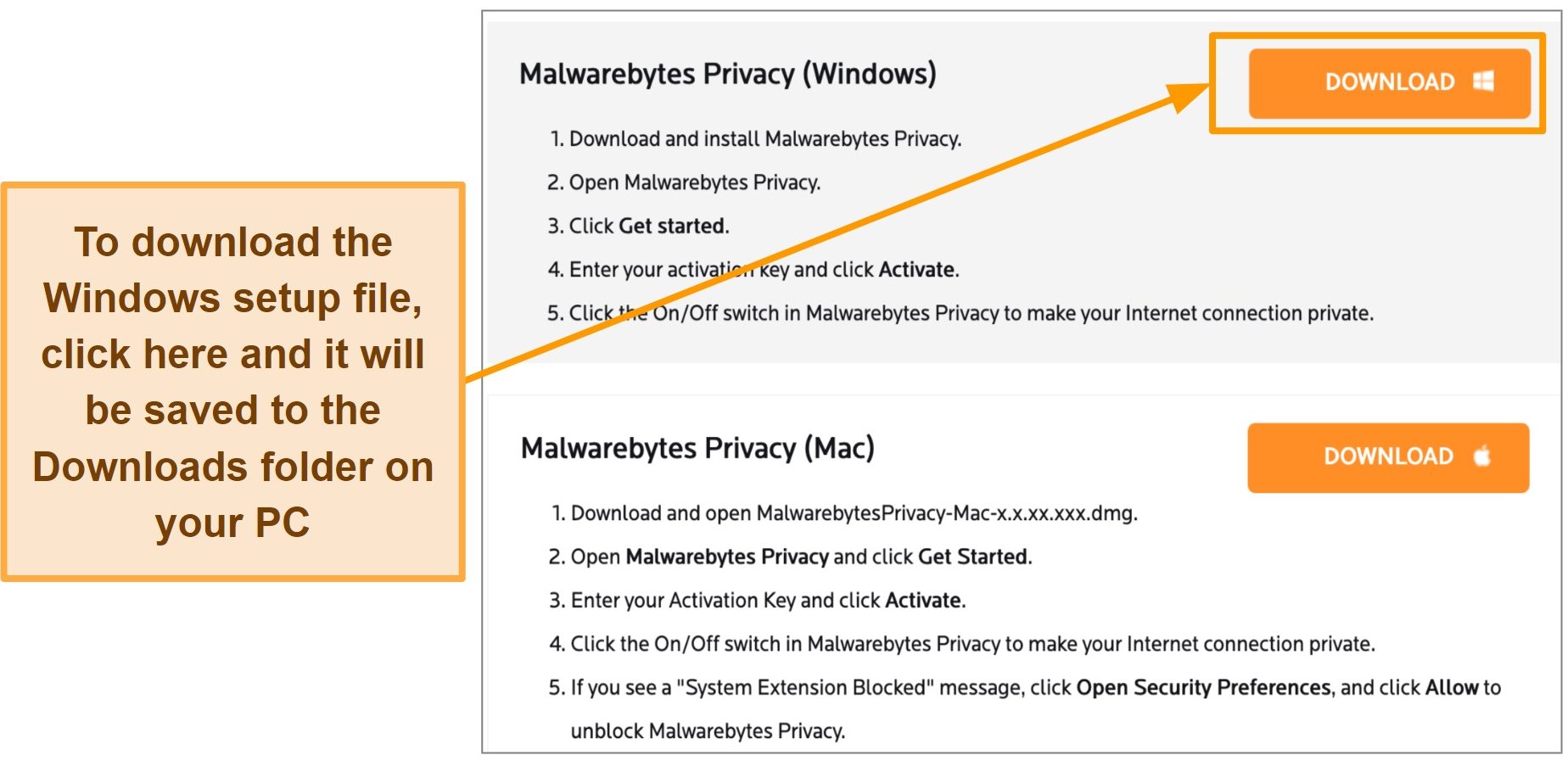 Screenshot of Malwarebytes Privacy's download page for Windows device