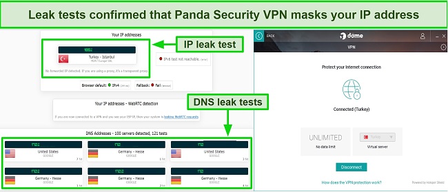Screenshot of leak test results with Panda Security connected to a Turkey server