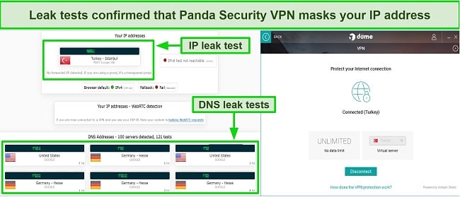 Screenshot of leak test results with Panda Security connected to a Turkey server