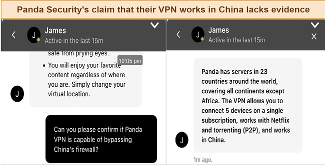 Screenshot of my interaction with Panda Security's support about China compatibility