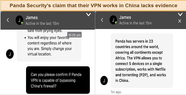 Screenshot of my interaction with Panda Security's support about China compatibility