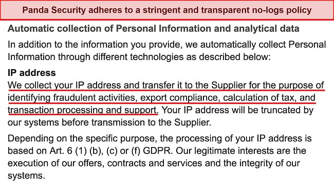 Screenshot of Panda Security's privacy policy