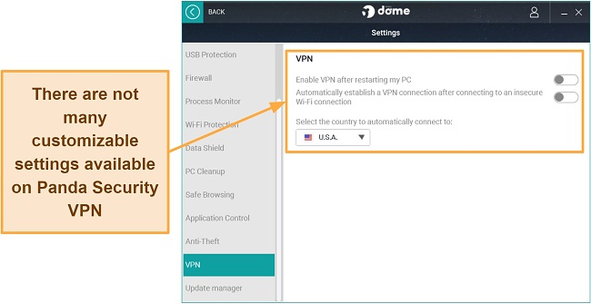 Screenshot of Panda Security's settings interface