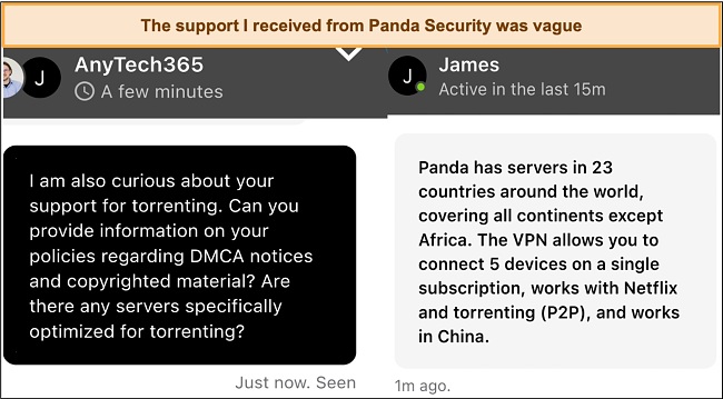 Screenshot of my interaction with Panda Security's live chat support