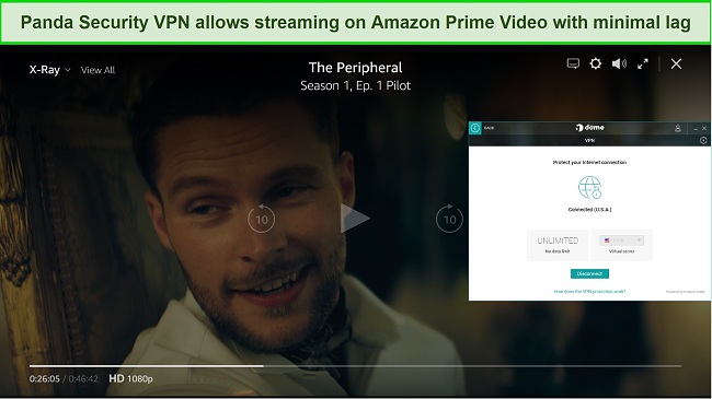 Screenshot of the peripheral playing on Amazon Prime Video with Panda Security connected to a US server