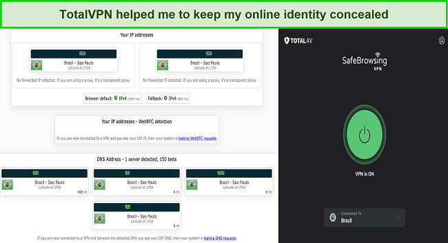 Screenshot of my IP/DNS leak test result with TotalVPN Safe Browsing VPN connected