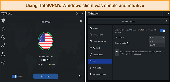 Screenshot of an excerpt from TotalVPN Safe Browsing VPN's user interface