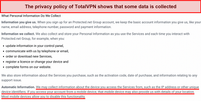 Screenshot of an excerpt from TotalVPN Safe Browsing VPN's privacy statement