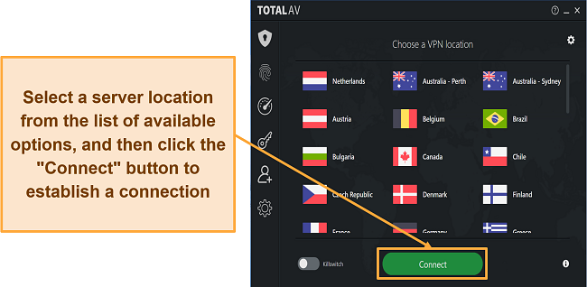 Screenshot of the TotalAV Safe Browsing VPN's server and connection interface