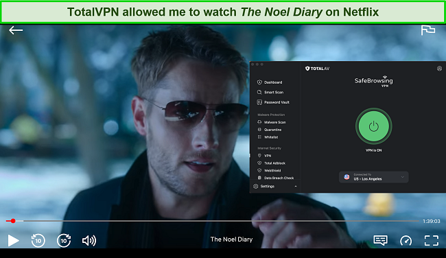 Screenshot of Stranger Things playing on Netflix with TotalVPN Safe Browsing VPN connected to a US server