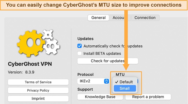 Screenshot of CyberGhost's General settings showing MTU options