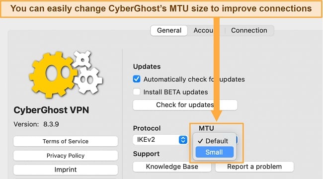 Screenshot of CyberGhost's General settings showing MTU options