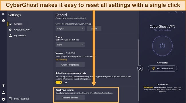 Screenshot of CyberGhost's General settings showing Reset button