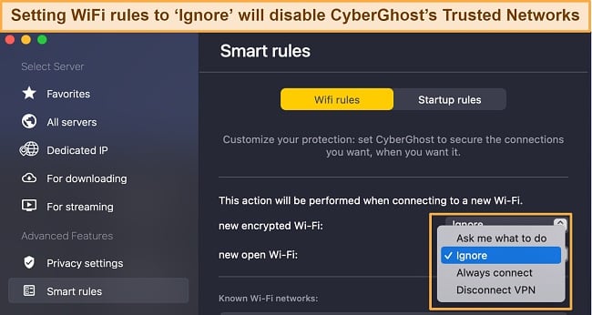 Screenshot of CyberGhost's Smart rules tab