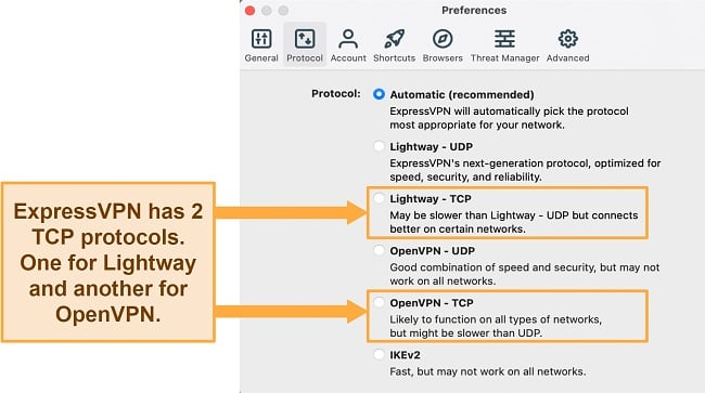 Image of ExpressVPN's Protocol menu showing two TCP protocols