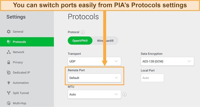 Screenshot of PIA's Protocols tab with port options