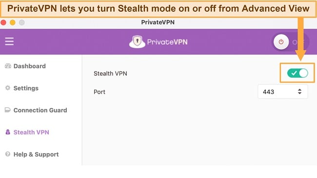 Screenshot of PrivateVPN's Stealth VPN tab