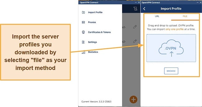 Screenshot showing how to import the configuration files into OpenVPN GUI