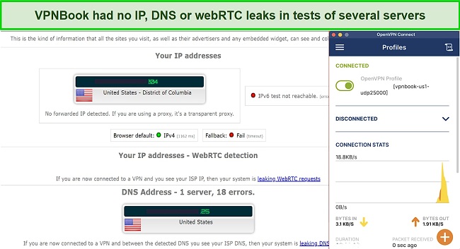 Screenshot of leak test results while using VPNBook