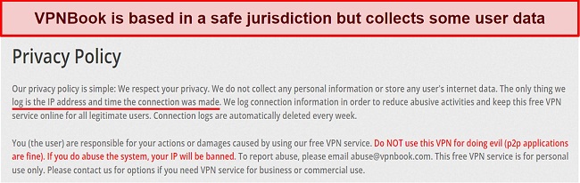Screenshot of VPNBook’s Privacy Policy