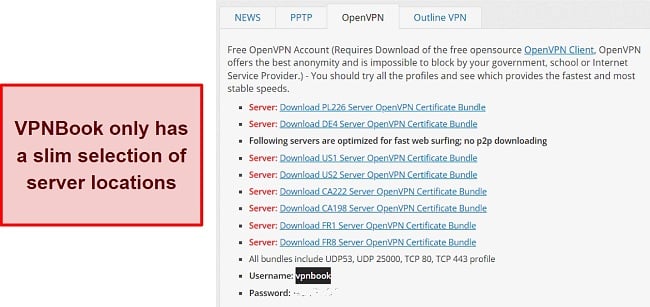 Screenshot of VPNBook's server locations