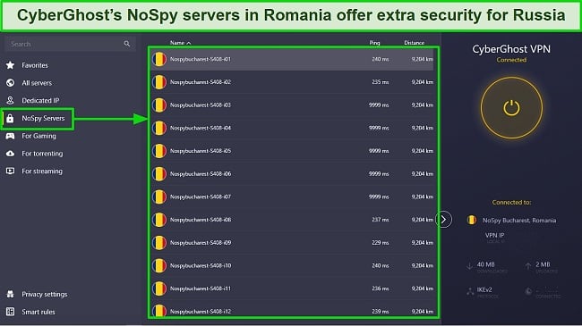 Screenshot of CyberGhosts Windows app showing NoSpy servers in Romania