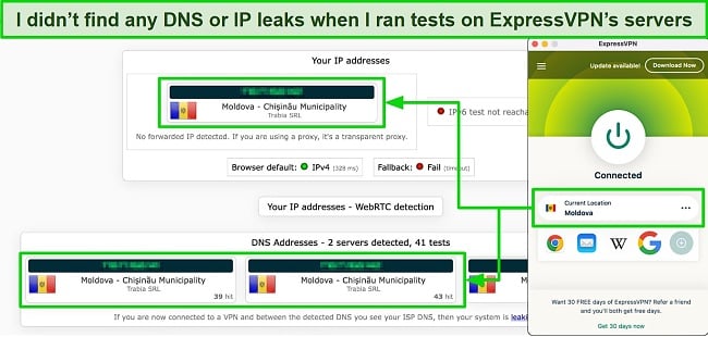 Screenshot of successful leak test results on one of ExpressVPN's Moldova server.