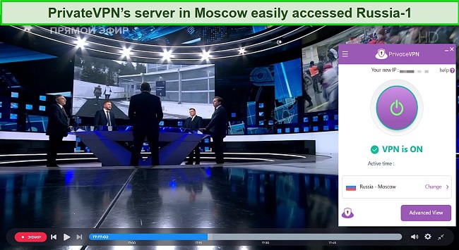 Screenshot of PrivateVPN unblocking Russia-1 while connected to a server in Moscow, Russia