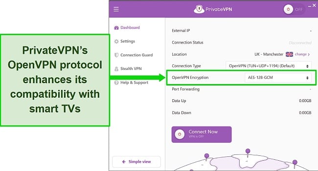 Screenshot of PrivateVPN Windows app showing OpenVPN protocol configuration