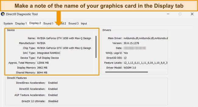 Screenshot of DirectX Diagnostic tool, highlighting the Display tab that shows details of the graphics card.