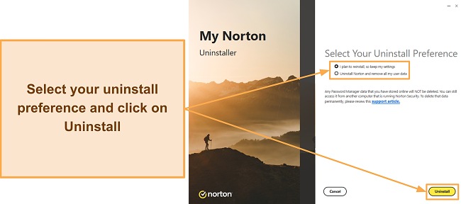 Screenshot showing uninstall preference options in Norton's uninstaller