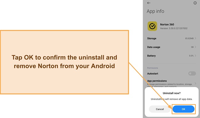Screenshot showing the confirmation to uninstall Norton from Android