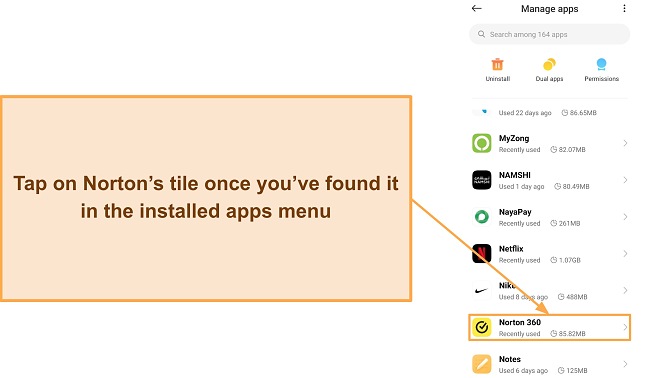 Screenshot showing Norton in the list of installed apps in Android
