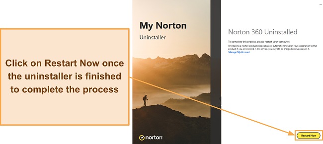Screenshot showing the completion of Norton's uninstallation process