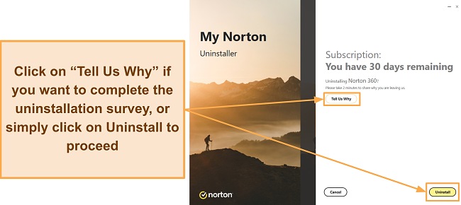 Screenshot showing Norton's uninstallation survey option