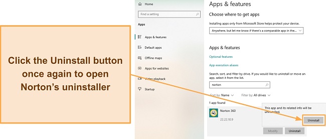 Screenshot showing how to confirm Norton's uninstallation via the Apps & features menu
