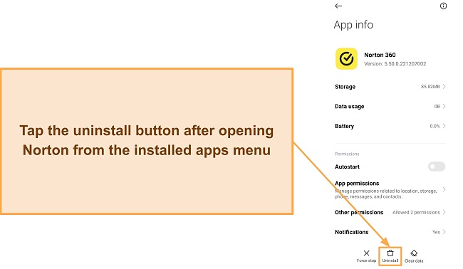 Screenshot showing how to start uninstalling Norton from Android