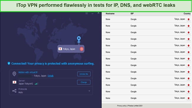 Screenshot of my leak test result while connected to iTop's server in Japan