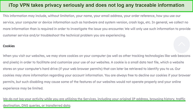 Screenshot showing an excerpt from iTop's privacy policy