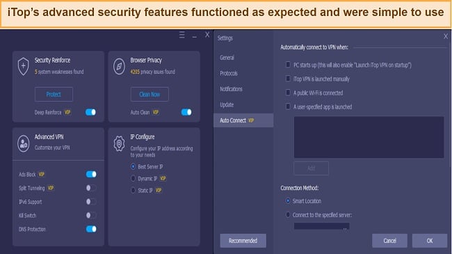 Screenshot of iTop's setting interface with different configurations