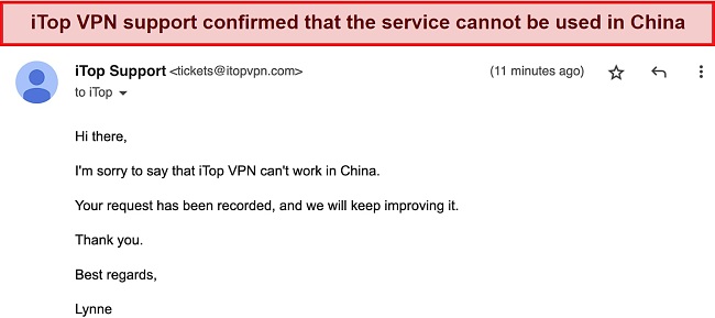 Screenshot of iTop's support confirming the service won't work in China