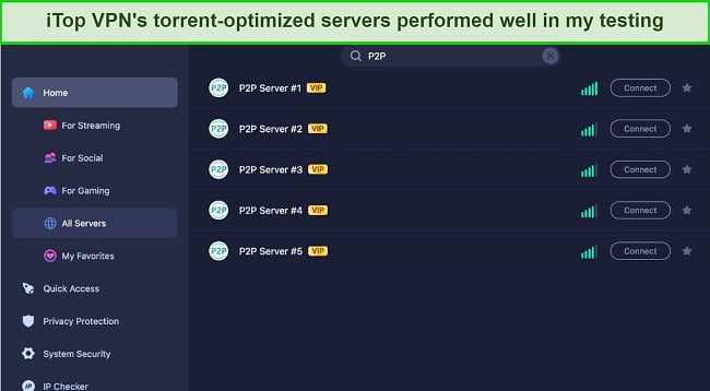 Screenshot of iTop's P2P servers on the Mac application